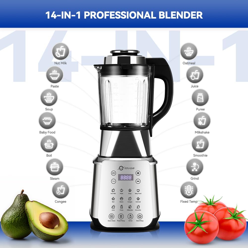 Glass Blenders for Kitchen 59oz, Stainless Steels Professional Blenders 1200W, Countertop Blender Glass Jar Food Processor Combo, 14 Preset Programs+9 Speeds, Soups, Nut Milk, Hot & Cold Blending
