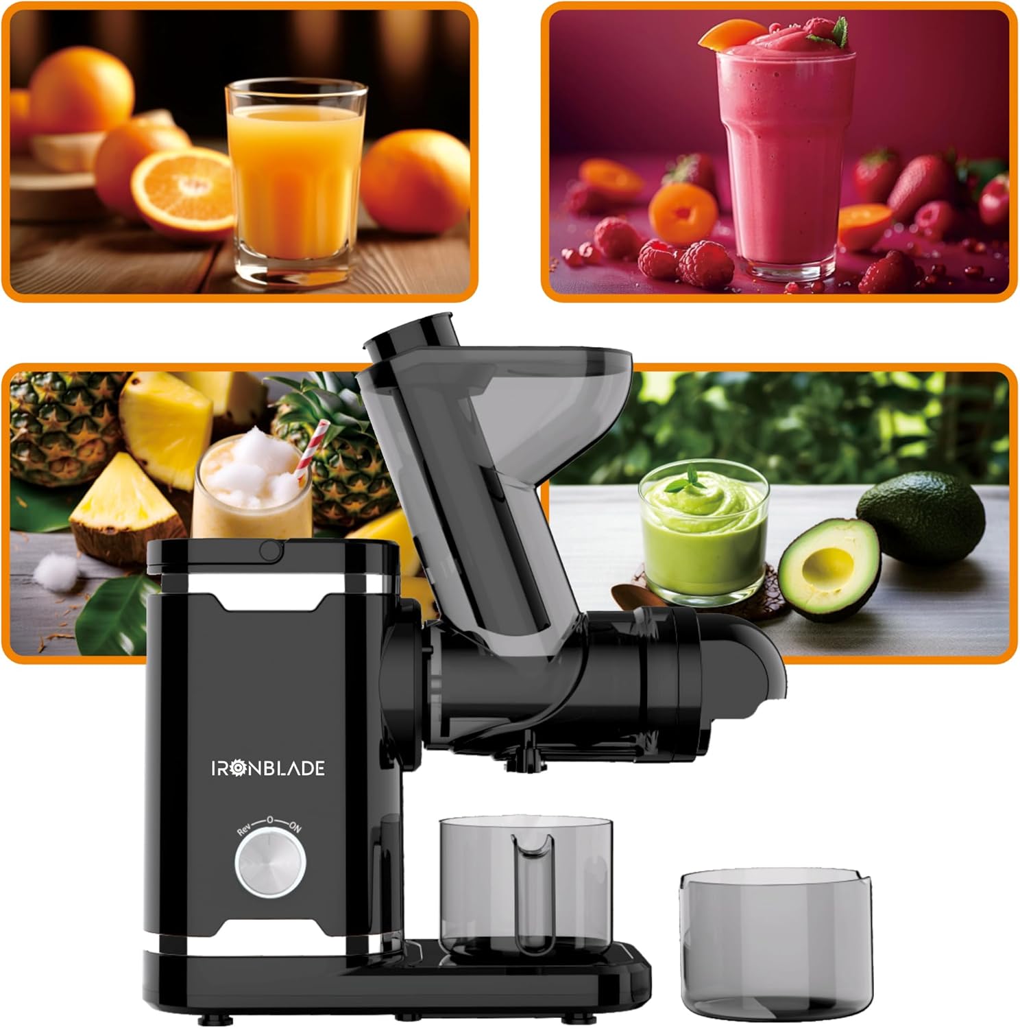EMB Ironblade IBLJU30 Horizontal Slow Juicer, Quiet Motor, 70mm Wide Chute, Cold Press Juicer for High Juice Yield, Minimal Oxidation, Easy Clean-Up