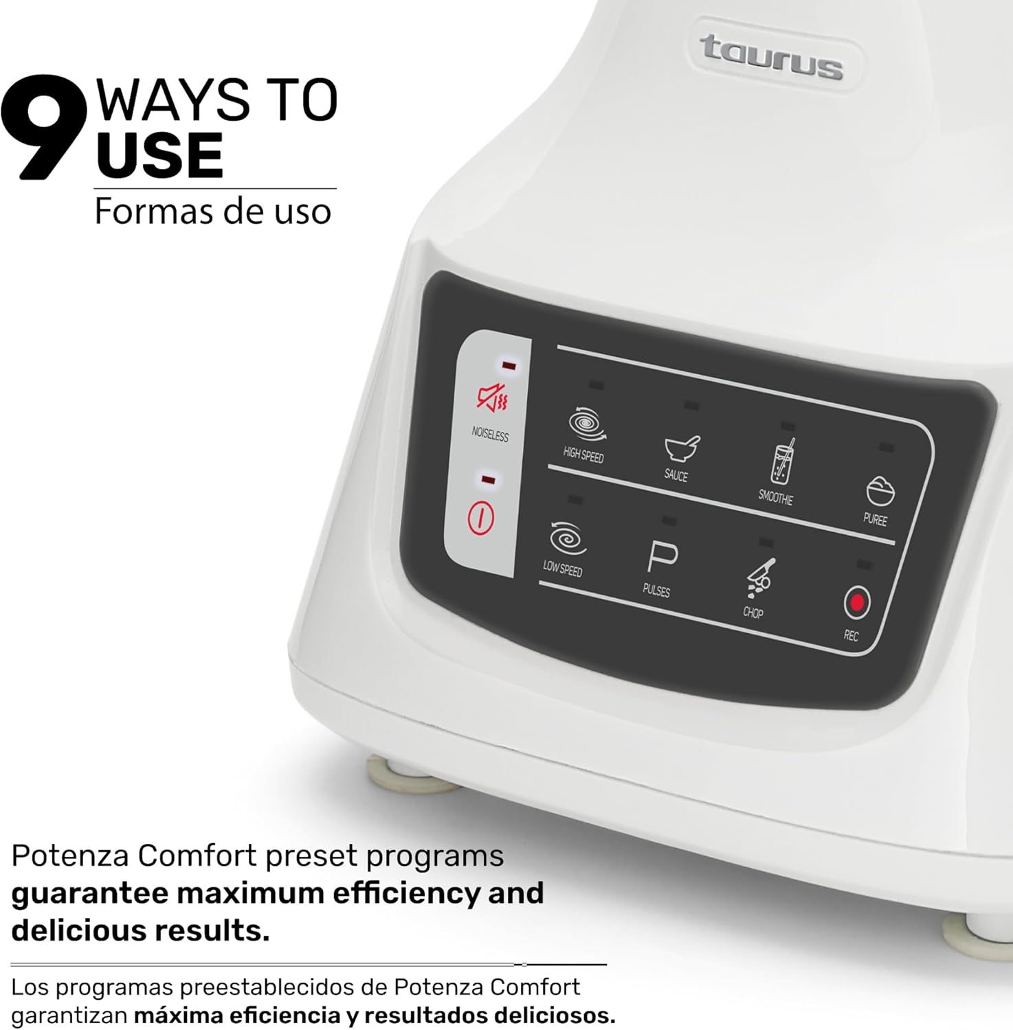 Taurus Potenza Comfort Blender, 1050W, 1.5L Glass Jar, Up to 50% Less Noise, Stainless Steel Blades, 9 Speed Settings, Quiet Powerful Blender for Smoothies, Ice, and Frozen Drinks
